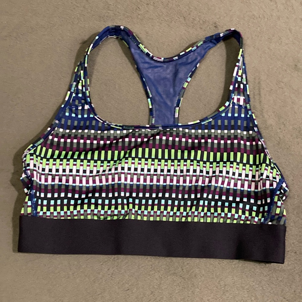 Blue and Green Racerback Sports Bra with Geometric Pattern